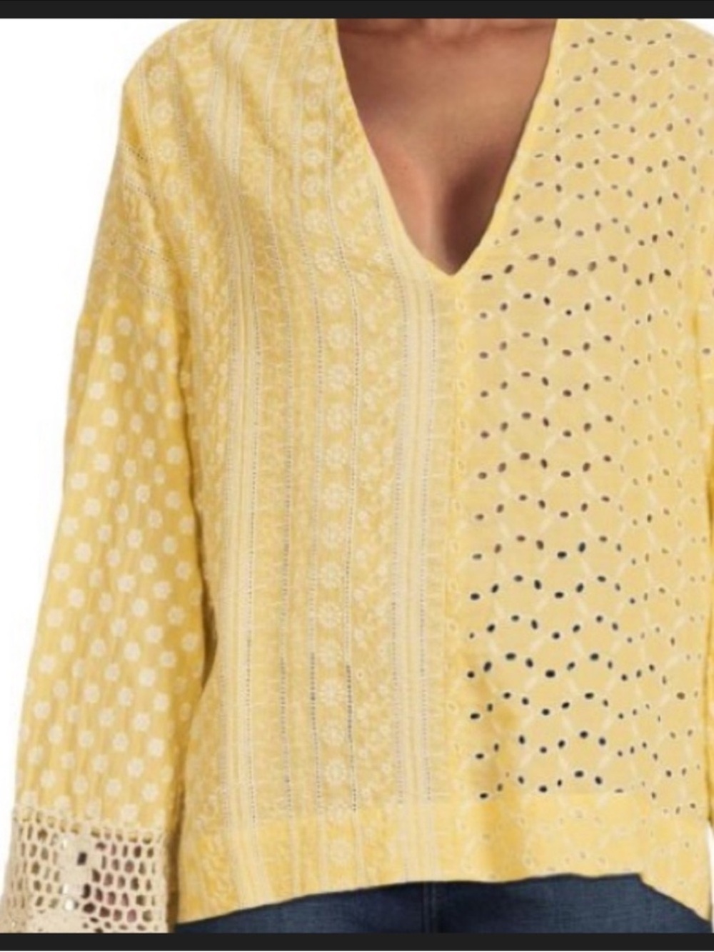 Area Stars Luna Yellow Eyelet Boho Blouse Lace Sleeve V Neck Oversized Top XS - Picture 2 of 7